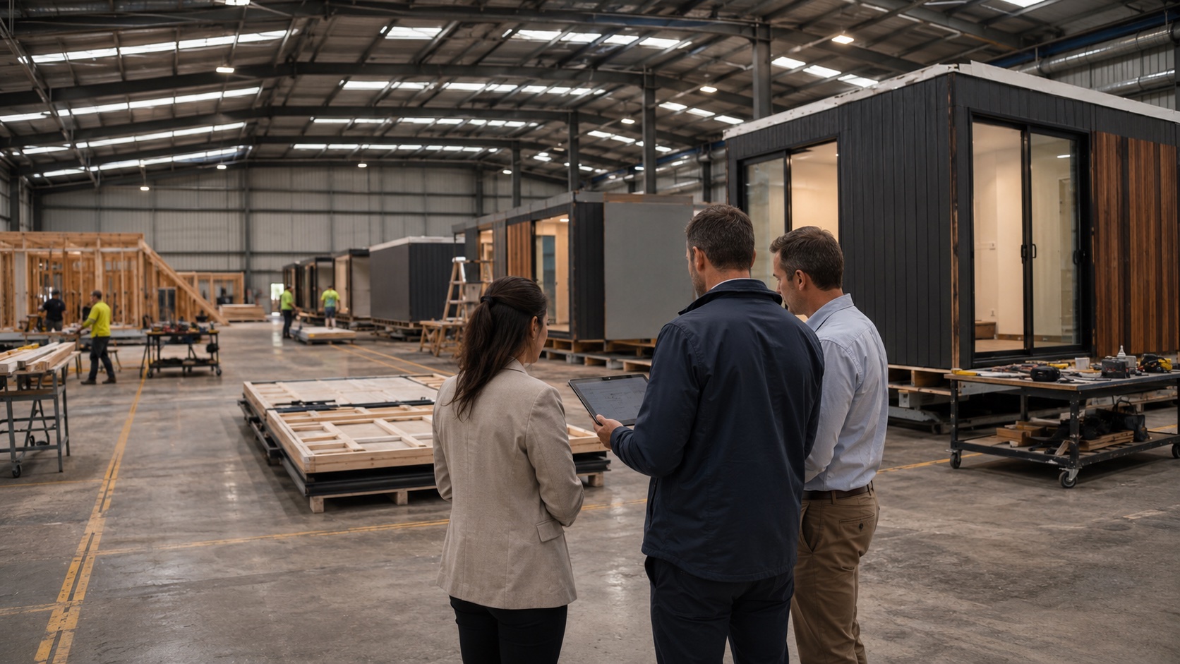 Cyberate PM project managers reviewing modular factory production quality