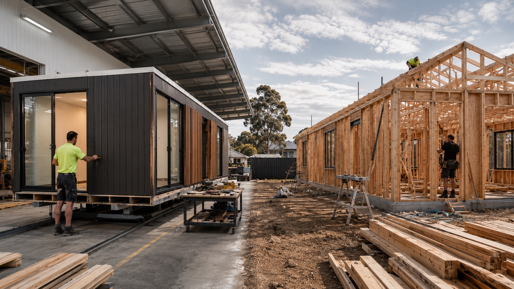 Factory-built modular unit beside traditional framing on a residential construction site