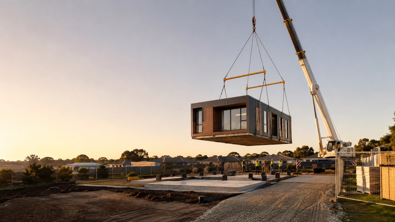 Modular home module being craned onto a prepared South Australian site