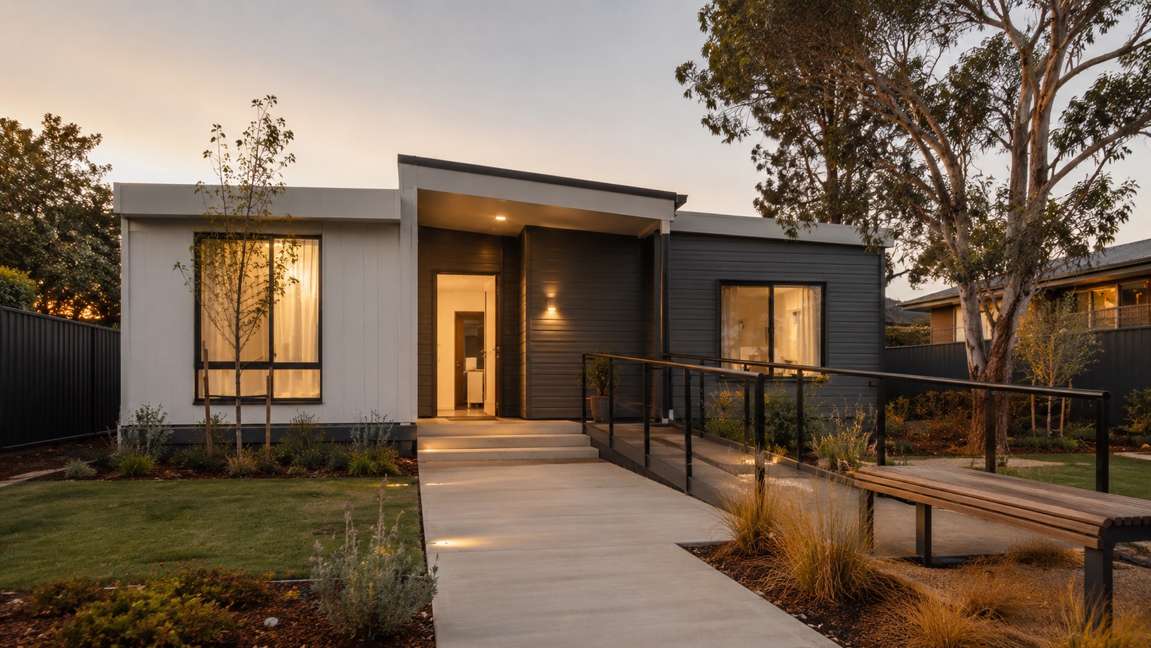 Modern accessible modular SDA home with ramped entry and landscaped frontage