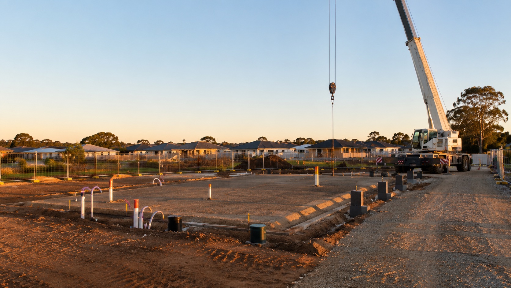 Prepared residential site with crane access and service points ready for modular installation